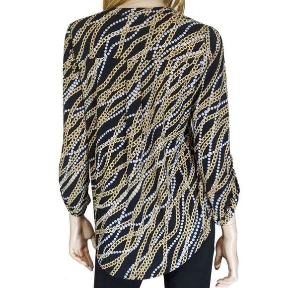 MICHAEL KORS Black Gold White Zipper Chain Link Print 3/4 Ruched Sleeve Top, M - Picture 2 of 8